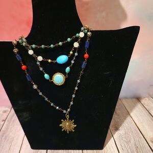 Multi-Color Beaded Necklace with Gold Sun Pendant